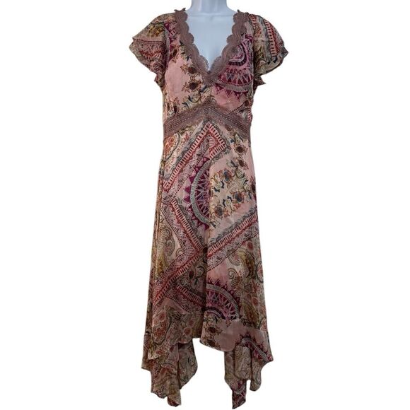 Guess Dresses & Skirts - Guess Blush Pink Paisley Floral Lace Trim Handkerchief Hem Midi Boho Dress L